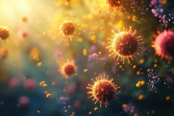 Poster - Colorful virus particles are suspended in a luminous microscopic environment filled with detail