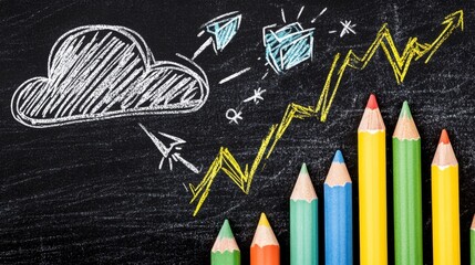 Poster - Colored pencils arranged on a blackboard with a chalk drawing of a cloud, arrows, and a growth chart. Illustrates growth, ideas, and creativity.