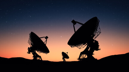 Wall Mural - three silhouetted radio telescopes against a vibrant sunset and starry night sky