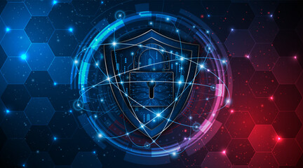 Fototapete - Cyber ​​security concept with shield symbol and lock. Data protection and cyber privacy. Innovative concept of advanced safety technology	