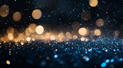 Poster - Abstract background with bokeh lights and glitter in shades of blue and gold on a dark surface