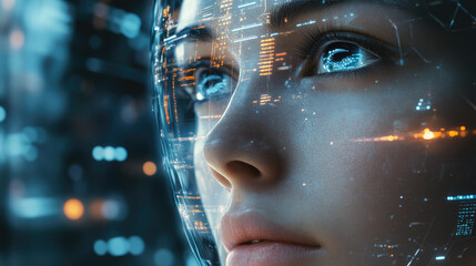 Poster - Futuristic portrait of a young woman with glowing digital facial recognition lines and a high-tech interface, symbolizing artificial intelligence,cyber security, and virtual reality.copy space, banner