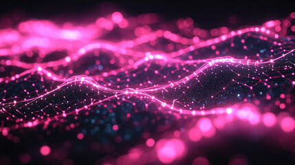 Aufkleber - Abstract digital landscape with glowing pink particles forming dynamic wave pattern. Concept of artificial intelligence,big data, quantum computing,futuristic cyber networks technological environment.