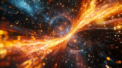 Fototapete - 3D abstract flow of digital data, with particles moving across a space, representing big data processing and digital information flow in an immersive, abstract background