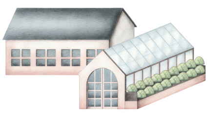 Poster - beautiful environment featuring modern greenhouse and spacious building. clip art isolated on transparency background