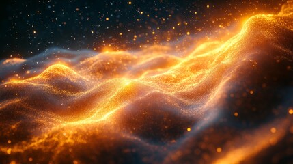 Fototapete - 3D abstract visualization of data, with glowing particles and waves of information flowing across the screen, representing big data in an ever-changing environment 