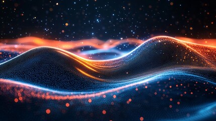 Fototapete - 3D digital abstract art featuring particles in motion, visualizing big data and information flow in a vibrant and fluid movement on a dark background 