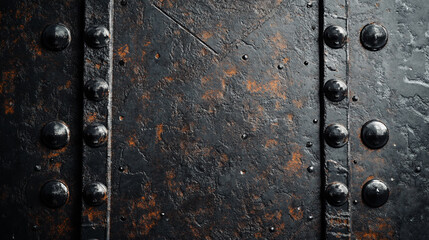 Poster - Close up of a rusted metal plate with rivets showing texture and signs of corrosion and age in dark tones