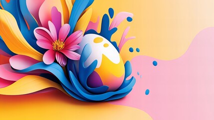 Aufkleber - decorated easter egg is surrounded by vibrant paper floral designs against a pastel background.