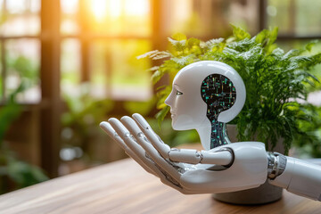 Poster - AI-powered robotic hand holding a holographic human head, symbolizing artificial intelligence, cognitive computing, and future human-machine collaboration. digital technology futuristic cybernetic.