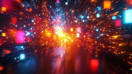 Fototapete - A 3D abstract background with particles and light trails in motion, creating a sense of digital space flow and big data visualization