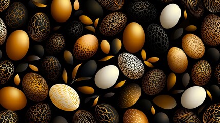 Aufkleber - decorative eggs with intricate patterns and golden accents are scattered on a black background, comp