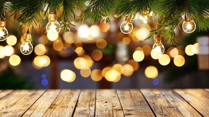 Poster - warm and festive holiday background with glowing string lights and wood table surface for cozy celeb