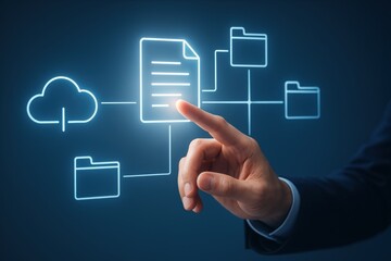 Fototapete - Digital Interaction: A hand reaches out to interact with a glowing digital document in a futuristic, technology-driven environment, symbolizing data access and management.