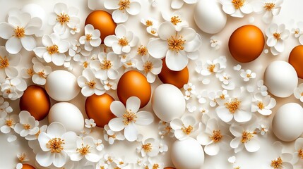 Aufkleber - easter eggs and white blossoms are arranged on a light surface creating a decorative floral pattern.