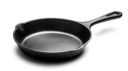 A cast iron skillet isolated on a white background with a handle and a cooking surface visible clearly