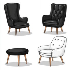 Poster - Collection of four stylish armchairs and ottoman, two black and two white, on white background. Pixel art style.