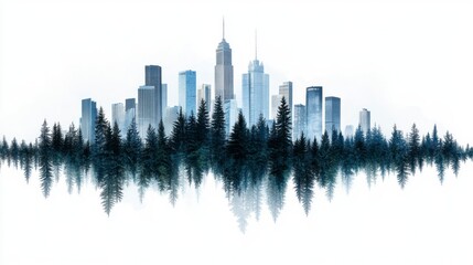 Poster - a stylized cityscape skyline partially obscured by a dark forest, reflected in water, in cool blue a