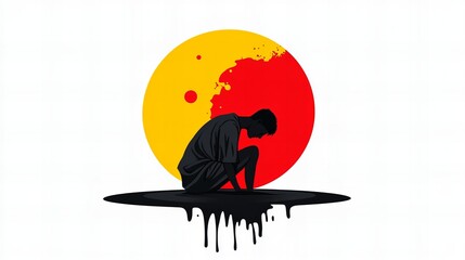 Poster - figure crouches sadly on black liquid surface before a segmented yellow and red circle on a white ba