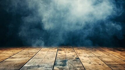 Poster - mysterious empty wooden table surface with dramatic fog and ethereal light in a dark studio setting 