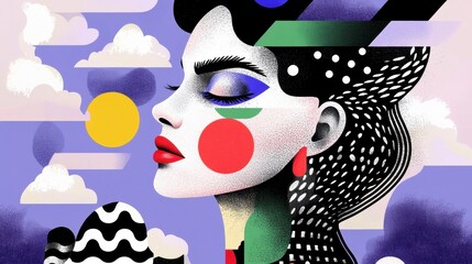 Poster - abstract portrait of a woman with bold geometric shapes, vibrant colors, and a stylized cloud backgr