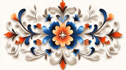 Poster - floral pattern displays symmetrical arrangements of blue, orange, and white stylized flowers and swi