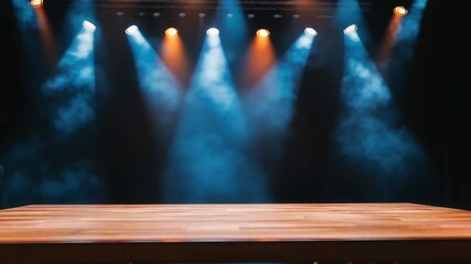 Poster - Dramatic Stage Lighting with Vibrant Blue and Orange Beams Shining Down Over a Wooden Floor in a Darkened Concert Venue Atmosphere