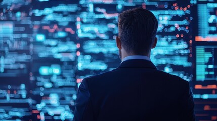 Poster - a person in a suit is seen from behind, analyzing a digital interface filled with blue data and grap