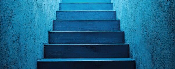 Poster - A perspective view of blue-painted stairs leading upwards, set against a textured wall, creating a cool, serene atmosphere.
