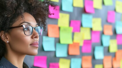 Poster - A woman with curly hair and glasses gazes thoughtfully at a colorful wall covered in sticky notes, conveying creativity and inspiration.