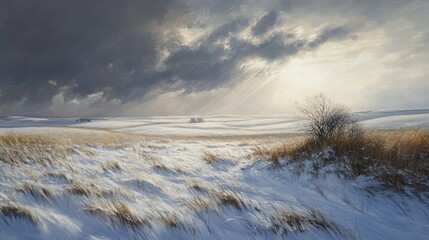 A snow covered prairie landscape under a dramatic cloudy sky