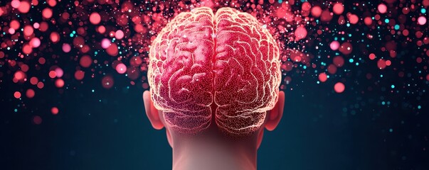 Poster - A vibrant illustration of a human brain from the back, surrounded by colorful particles, symbolizing creativity and thought processes.