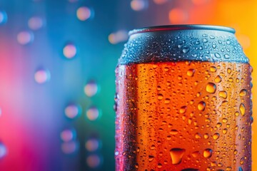 Poster - Classic soda can glistening with condensation against a vibrant, colorful background showcasing reflections and high contrast elements