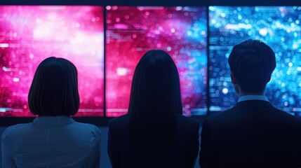 Poster - Three individuals observe colorful screens displaying data, creating a scene of technological engagement and collaboration.