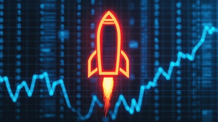 Poster - A glowing rocket icon launches against a backdrop of digital graphs, symbolizing growth and innovation in technology.