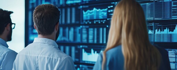 Poster - Three professionals analyze data on screens, showcasing graphs and metrics in a modern, tech-driven environment.