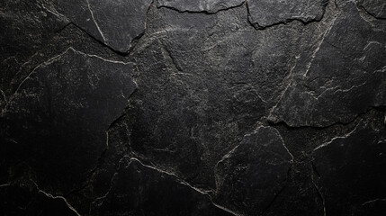 Poster - A close up view of a dark gray stone wall with rough texture and visible cracks and crevices on surface