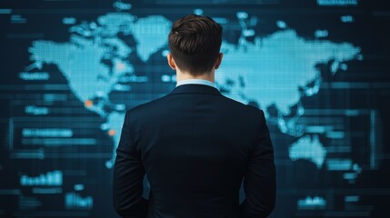 Poster - a business professional stands before a digital world map, analyzing data and trends in a modern, te