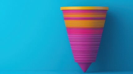 Poster - A colorful, geometric stack of conical shapes against a bright blue background, showcasing vibrant hues and a playful design.