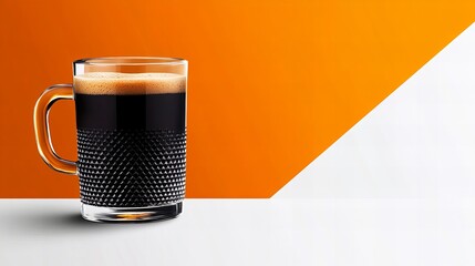 Aufkleber - glass mug containing dark beverage rests on a white surface against an orange and white backdrop.