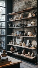 Poster - Industrial Chic Shelves in Converted Warehouse Setting With Decor