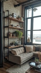 Poster - Modern Loft Interior with Industrial Shelves and Cozy Couch