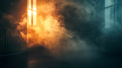 Poster - A room filled with smoke and light shining through windows creating an eerie atmosphere and mood