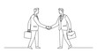 © andik - Line art illustration of two businesspeople shaking hands, symbolizing collaboration and agreement.