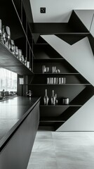 Poster - Modern Geometric Shelves in Monochrome Interior Space