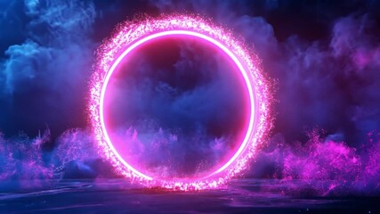 Poster - Ethereal Pink Neon Portal Surrounded by Mystical Clouds and Glowing Light in a Dark Enchanted Environment for Creative Visuals and Digital Art