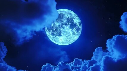 Poster - Majestic Full Moon Illuminates a Starry Night Sky Surrounded by Ethereal Clouds in Shades of Blue and Black, Capturing Tranquil Celestial Beauty