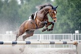 Horse jumps over a barrier while competing in an outdoor equestrian event in rainy weather