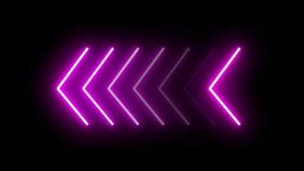 Poster - Seven 7 shapes of glowing purple neon arrows fade in and fade out motion animation graphic, Right to left arrows blinking in a loop swipe left button