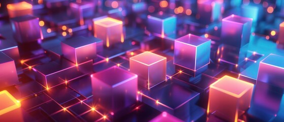 Poster - abstract backgrounds cubes blue purple colors square blocks 3d rendering geometry illustration.